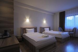 普里什蒂纳Hotel Denis的酒店客房设有两张床和窗户。