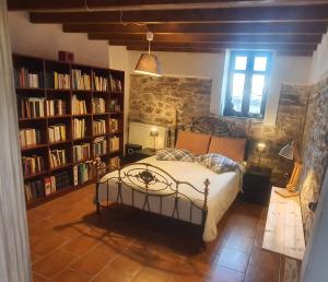 基索斯Traditional Stone House in Kissos Pelion的一间设有书架的房间的卧室