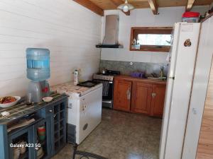 拉安戈斯图拉镇Antares的厨房配有炉灶和白色冰箱。