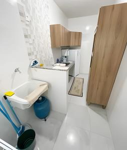 帕图斯迪米纳斯104 - Apartamento Completo para até 7 Hóspedes的白色的小厨房,配有水槽和柜台