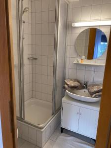 特拉森海德Strandkojen的带淋浴和盥洗盆的浴室