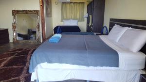 Los DuarteHotel El Sol Morrillo的一间卧室配有一张大床和镜子