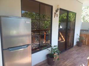 拉利伯塔德HOTEL EL VIAJERO的带庭院的厨房内的不锈钢冰箱