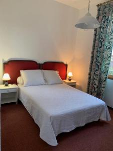 勒·雷约尔·卡纳德尔·苏尔Maison Les Mimosas的一间卧室配有一张大床和红色床头板