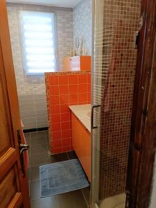 马赛Chambre dans maison individuelle vue sur le massif de l'étoile的浴室铺有橙色瓷砖,配有淋浴。