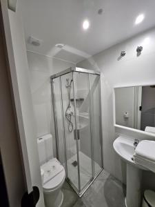 奥维多HOSTAL FONCALADA的带淋浴、卫生间和盥洗盆的浴室