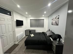 Beeston HillLuxurious 2 bedroom flat的一间卧室配有一张黑色的床和一台电视。