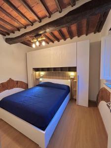 阿夏诺La casina nel convento的一间卧室设有蓝色的床和木地板