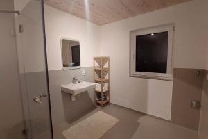UnterthingauFerienwohnung Stern的一间带水槽和镜子的浴室以及一台电视
