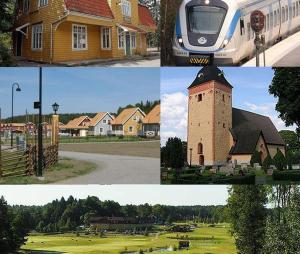 ÖsmoVila Ösmo的房屋和火车照片的拼贴