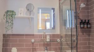 艾恩布里奇Bridgeside Rooms的带淋浴和盥洗盆及镜子的浴室
