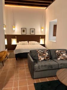 格拉纳达El Ladrón De Agua Palacete的一间卧室配有一张床和一张沙发