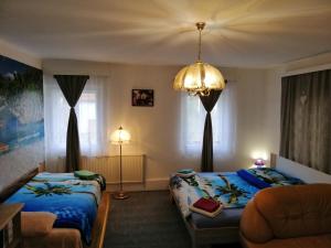 赫日布斯卡Penzion JURA的一间卧室配有两张床和吊灯。