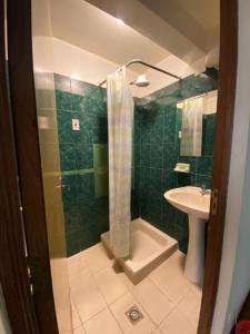 苏克雷Copacabana Hostal的绿色瓷砖浴室设有淋浴和水槽