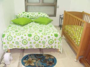 突尼斯Appartement meublé centre ville de Tunis的一间卧室配有一张带绿色和白色棉被的床