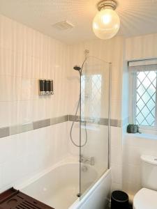 威森肖Vista Lodge的带淋浴、浴缸和卫生间的浴室