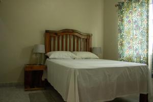 特雷热比奇DEMAROYS的一间卧室配有一张带白色床单的床和一扇窗户。