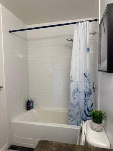 伦敦Luxury Spacious 5-Bedroom Home的白色的浴室设有浴缸和淋浴帘