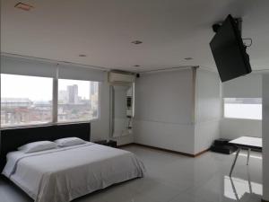 卡利HOTEL SAN ANTONIO PLAZA的一间卧室配有一张床和一台平面电视