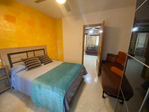圣马丁德拉韦加Casa Pumba的一间卧室配有一张床、镜子和椅子
