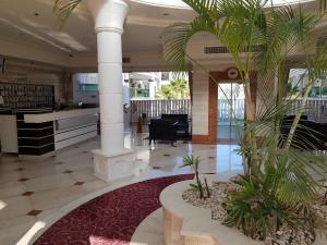 埃拉特Palmore Top Luxury Resort First line of the Seaside的建筑里种植了柱子和植物的大堂
