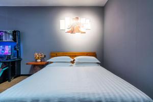 成都成都梦之旅国际青年旅舍的蓝色卧室配有一张带两个枕头的大床