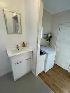 奥克兰Urban Kingsland Studio的白色的浴室设有水槽和镜子