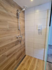 祖特尔梅尔B&B de Koepeltjes的带淋浴的浴室(带木墙)