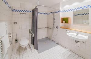 比勒费尔德Hotel Lindenhof的带淋浴、卫生间和盥洗盆的浴室