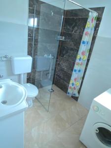 GnojniceVilla Behar的一间带卫生间和玻璃淋浴间的浴室