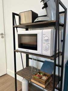 莱齐尼昂科尔比埃Studio Portal的微波炉烤箱,放在桌子上