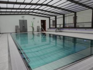 林茨士多金格商务酒店的大楼内的一个蓝色海水游泳池