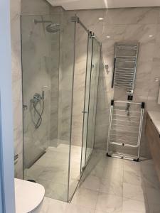 巴库Sea Breeze Apartments Lighthouse的浴室设有玻璃淋浴间和卫生间