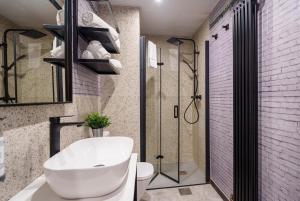 毕尔巴鄂阿特苏里区毕尔巴鄂公寓式酒店的带淋浴、盥洗盆和卫生间的浴室