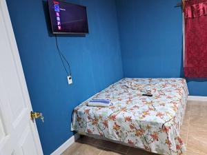 埃尔莱马特Apartamento La Estrella的蓝色的客房设有一张床铺,墙上配有电视