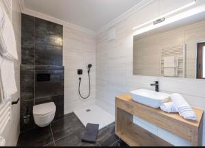萨尔巴赫Hotel Austria - inklusive Joker Card im Sommer的一间带水槽、卫生间和淋浴的浴室
