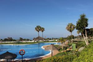 马贝拉Lunamar El mejor Resort en la mejor Playa的一个带遮阳伞和棕榈树的大型游泳池
