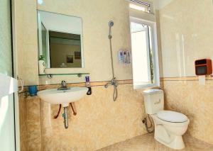 萨帕Đăng Dương Motel的一间带水槽、卫生间和镜子的浴室