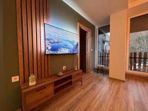 马夫罗沃Adora's Apartment Mavrovo的客厅设有壁挂式平面电视。