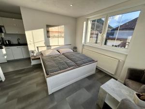 利托斯基简Penzion Za vodou的一间卧室设有一张床和一个大窗户