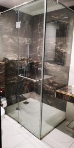 拉合尔Luxury apartment in Gold Crest Mall 1 bed的浴室里设有玻璃门淋浴