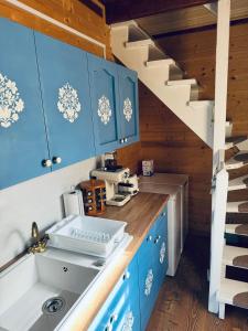 红湖Casutele Suhardul Mic的厨房配有蓝色橱柜和水槽