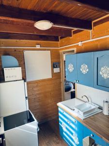 红湖Casutele Suhardul Mic的厨房配有蓝色橱柜和台面