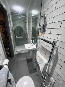 哈利法克斯The New Hobbit Hotel Rooms的浴室配有卫生间、淋浴和盥洗盆。