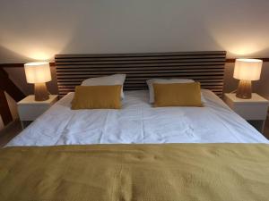 谢韦尔尼Gîte des Pins-Chambord-Beauval的一间卧室配有一张大床,上面有两盏灯