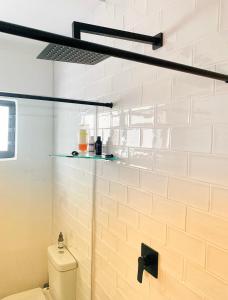 赫曼努斯Nautical @ Salt Shore Studios的一间带卫生间和墙上架子的浴室