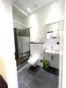 海尔布隆Stadtpension Heilbronn的浴室配有卫生间、盥洗盆和淋浴。