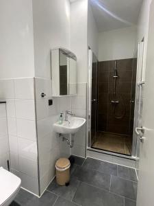 海尔布隆Stadtpension Heilbronn的白色的浴室设有水槽和淋浴。