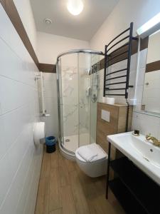 考纳斯苹果经济型酒店的带淋浴、卫生间和盥洗盆的浴室