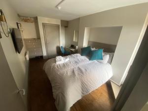 诺丁汉Quiet cosy 1 bedroom apartment Carrington F1的一间卧室配有一张带蓝色枕头的大床